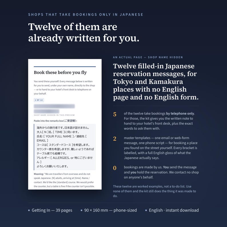 May include: A digital guide featuring twelve pre-written Japanese reservation messages for travelers. The document includes templates for booking restaurants in Tokyo and Kamakura, with English glosses, phone scripts, and instructions for hotel staff.