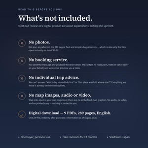 May include: A dark blue informational graphic titled Read This Before You Buy: What's Not Included. It lists exclusions for a digital product, including no photos, booking services, trip advice, or map images, and confirms it is a 289-page digital download.
