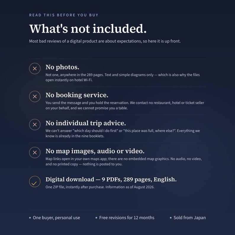 May include: A dark blue informational graphic titled Read This Before You Buy: What's Not Included. It lists exclusions for a digital product, including no photos, booking services, trip advice, or map images, and confirms it is a 289-page digital download.