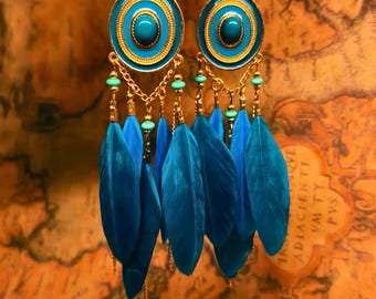 Bohemian Blue Feather Earrings, Vintage-Inspired Statement Jewelry, Luxurious Dangle Earrings, Unique Retro Gift for Her, Everyday Wear