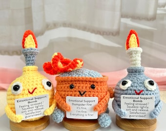 Handmade Crochet Emotional Support Dumpster Fire with Bombs,Stress Relief Toy, Humorous gifts,Office decorations,Gift for Friend/Colleagues
