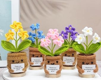 May include: Five crocheted flower pots with different colored flowers. Each pot has a happy face and holds a sign that says "Thank you for helping me grow".