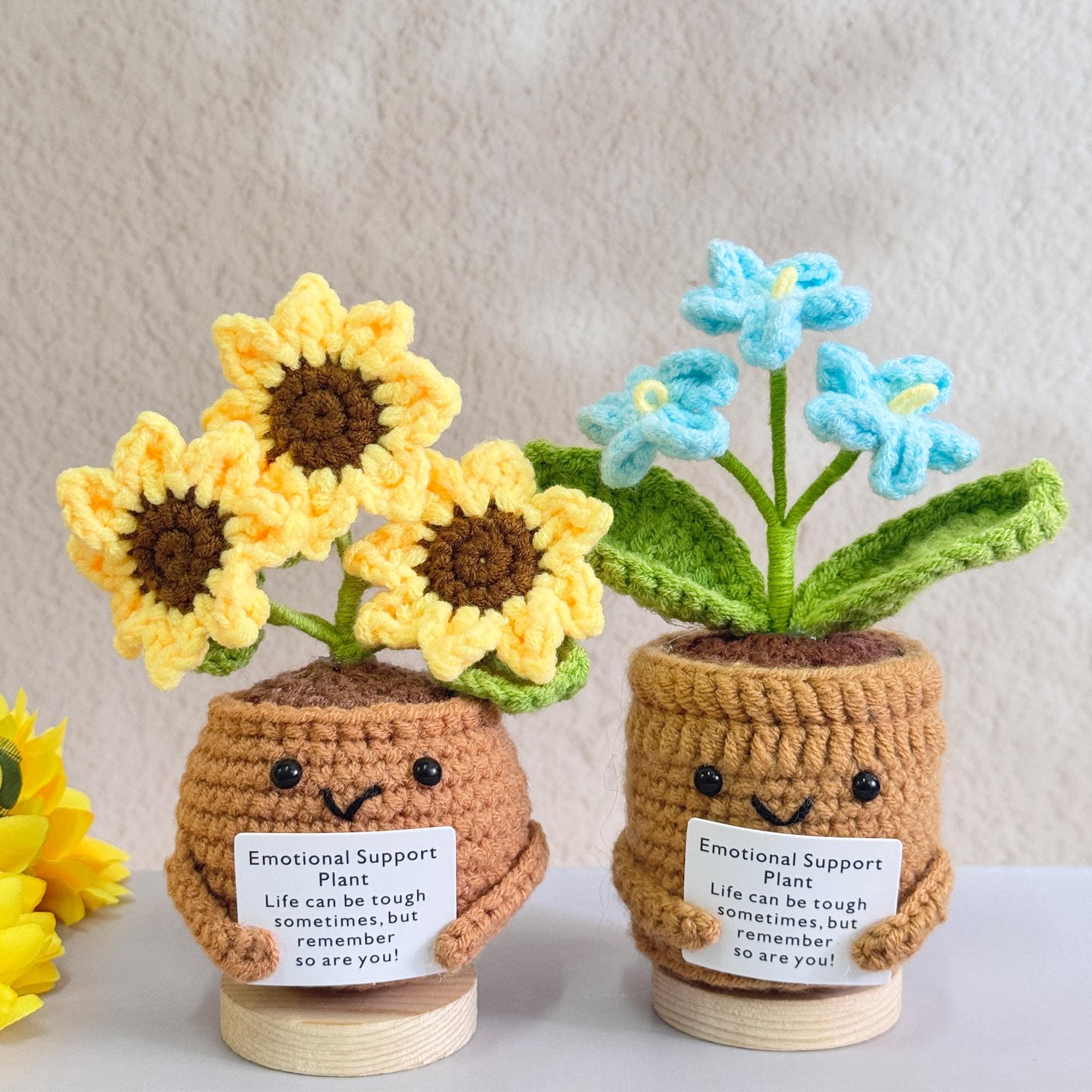 Pot De Fleurs En Laine Crocheté Main - Tournesols Orange Et Blanc, Avec Carte De Vœux - 5