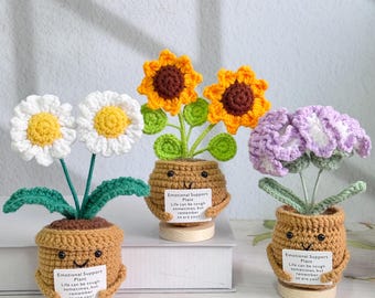 Adorable girasol/margarita/clavel de dos cabezas tejido a crochet, flor de crochet en maceta, planta de apoyo emocional, regalo de cumpleaños/Día de la Madre, decoración de escritorio