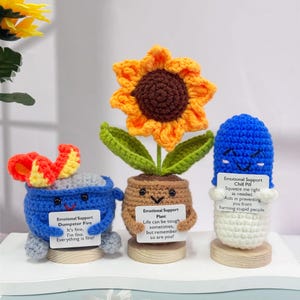 Adorable Emotional Support Gift,Handmade Crochet Dumpster Fire/Sunflower/Chill Pill,Funny Desk Decor,Mental Health,Cheer Up,Gift for Friends