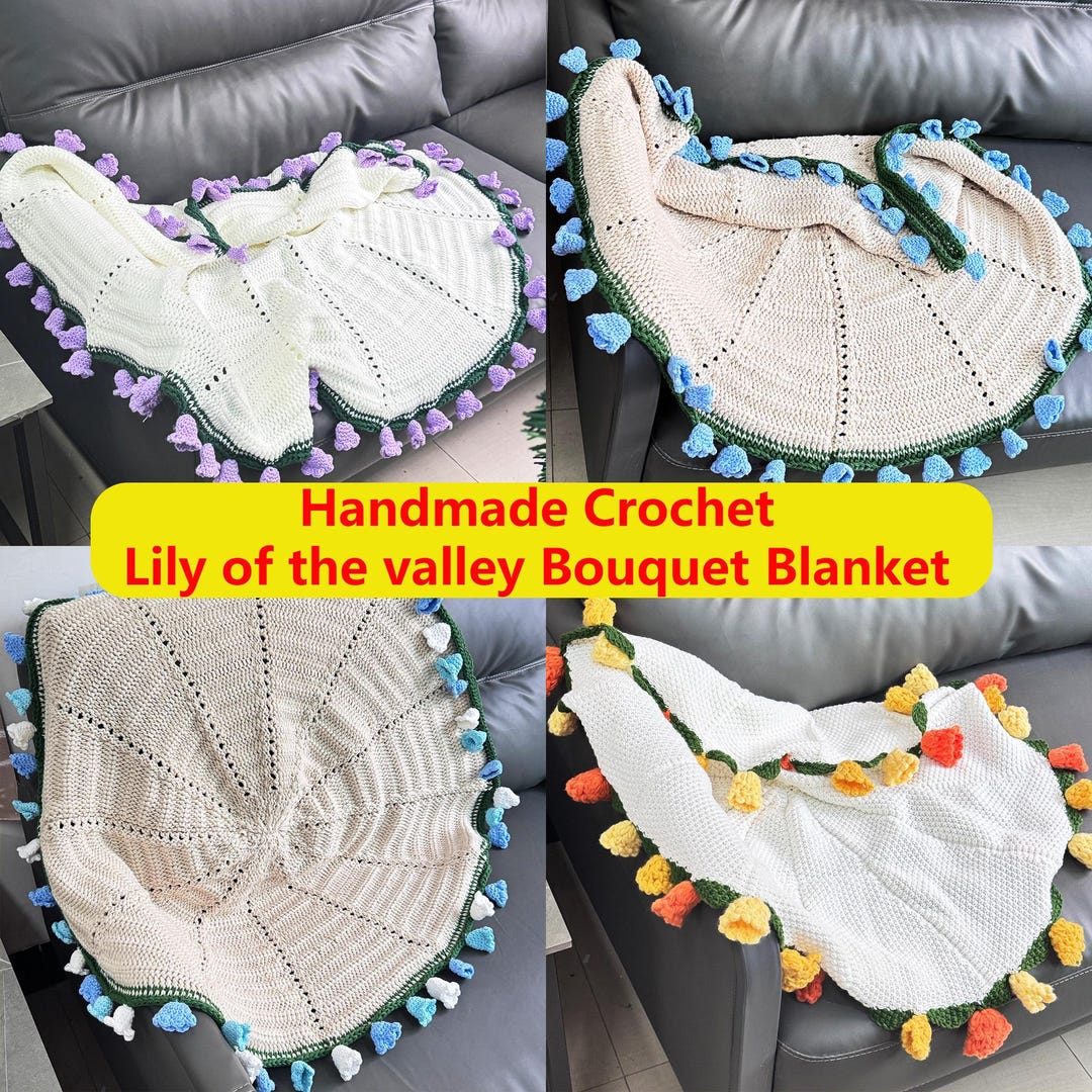 手作り仕上げのかぎ針編みスズランブーケブランケット、複数の色