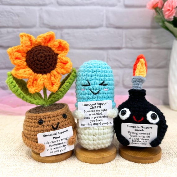 Emotional Support Gift,Funny Crochet Dumpster Fire with Crochet Sunflower-Crochet Trash Can,Crochet bomb,Cheer up gift,Office decorations