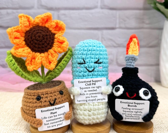 Emotional Support Gift,Funny Crochet Dumpster Fire with Crochet Sunflower-Crochet Trash Can,Crochet bomb,Cheer up gift,Office decorations