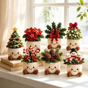 May include: A collection of seven small, crocheted cream-colored pots with smiling faces, each containing a different holiday-themed plant or figure, including a Christmas tree, poinsettia, holly, candy canes, pinecones, and snowmen.