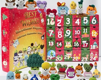 24 Days Countdown Christmas Box: 24Pcs Crochet Positive Vegetables/Fruits/Animal,Emotional Support Advent Calendar 2025,Funny Christmas Gift