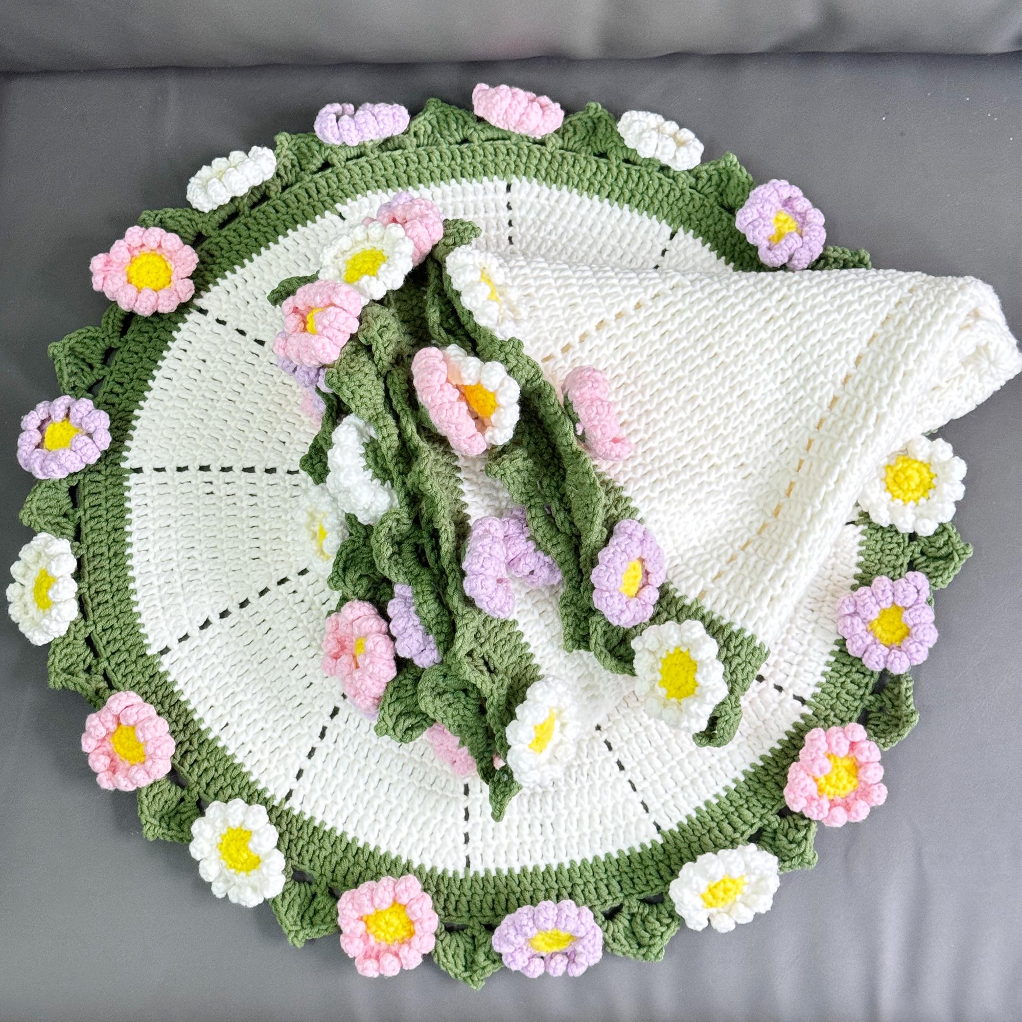 Handmade Crochet Daisy Flower Blanket - Rollable Round Blanket That Turns Into A Bouquet (35" Diameter)
