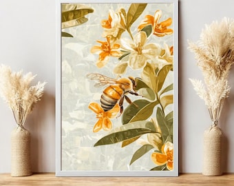 Vintage Honeybee Flower Art Print, Cottagecore Garden Decor (Digital Download)