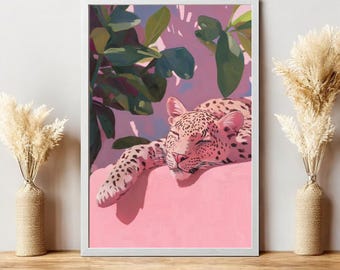 Relaxed Leopard Print, Pink Jungle Foliage, Animal Decor (Digital Download)