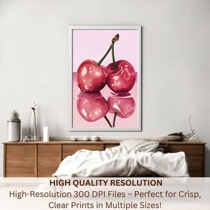 Cherry Watercolor Illustration Print, Minimalist Fruit Wall Art, Modern Kitchen Decor, Digital Download, Pink Cherry Art Poster