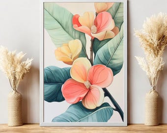 Arte de parede floral tropical, folhas em tons de coral e azul-petróleo, impressão botânica (download digital)