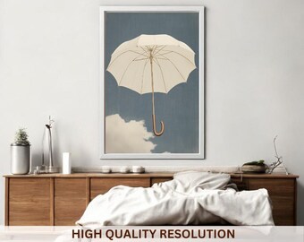 May include: A white umbrella with a wooden handle floats in a blue sky with a white cloud. The umbrella is framed in a white frame.