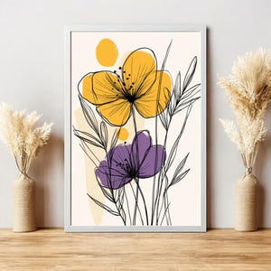 Minimalist Floral Line Art Print, Modern Botanical Illustration with Yellow and Purple Flowers, Abstract Wall Decor, Digital Download