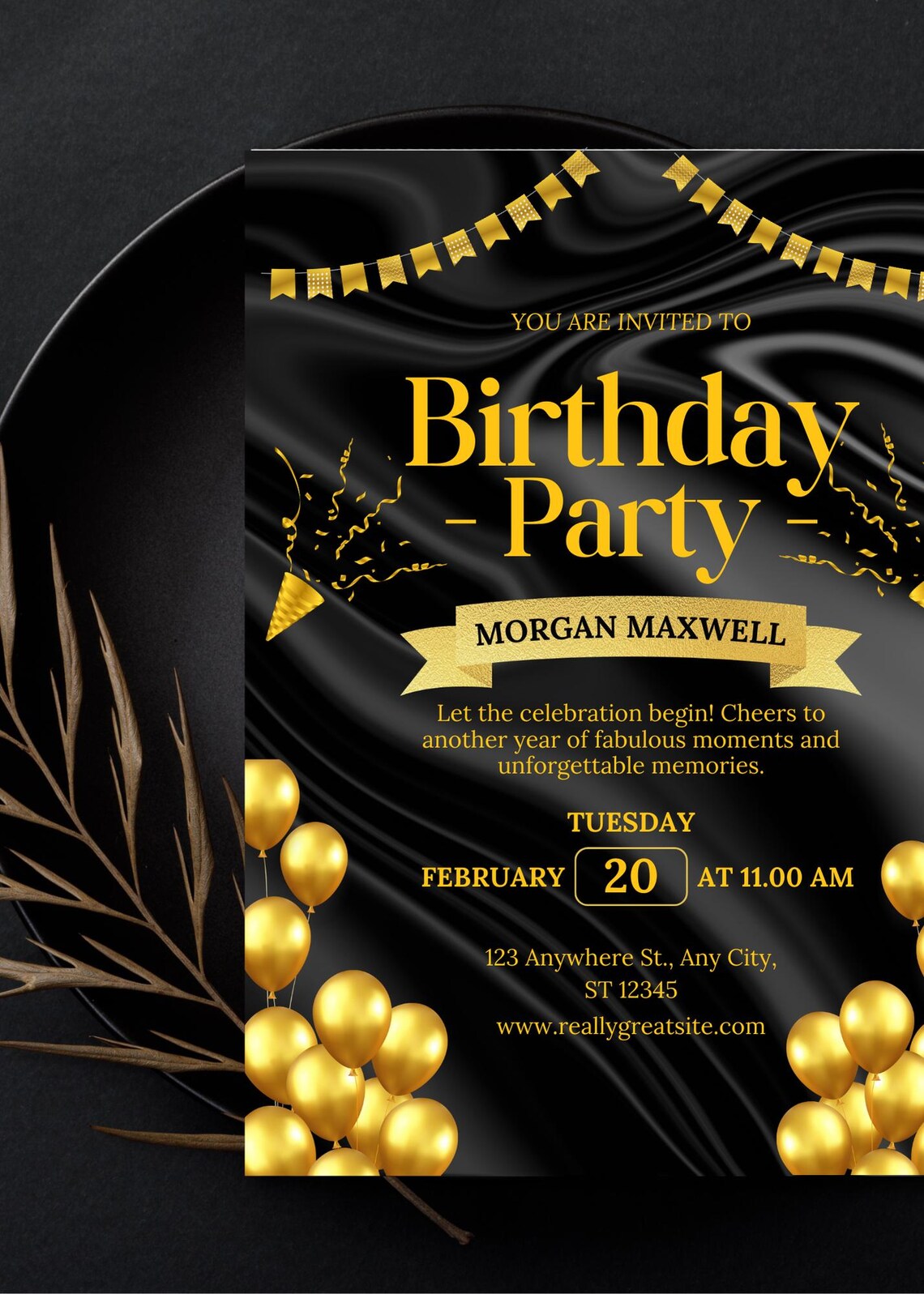 Editable Black and Gold Birthday Invitation for Men and Women Surprise