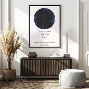 Póster personalizado de cielo estrellado: diseño de amor galáctico con nombre, fecha y frase. Regalo romántico para boda o aniversario.