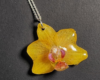 Real Yellow Orchid Resin Pendant: Handmade Botanical Necklace