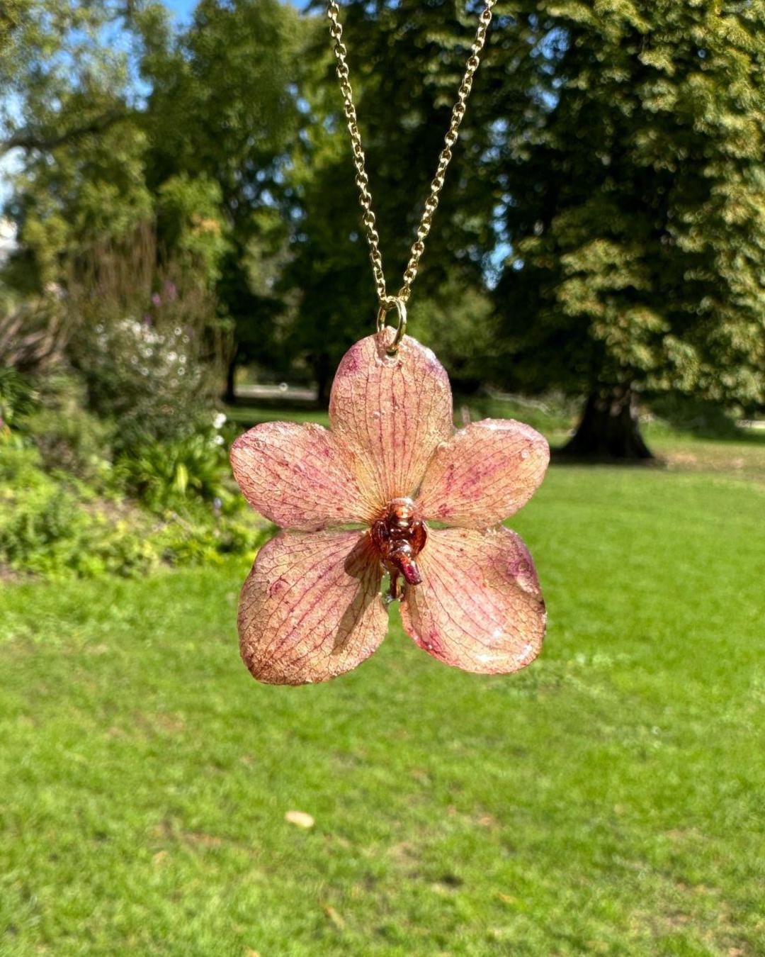 Real Red Orchid Resin Pendant Necklace: Botanical Jewelry Gift