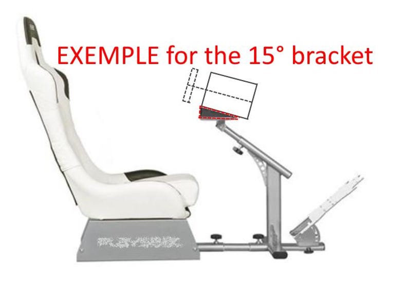 Pu&ograve; includere: Un sedile da corsa bianco con una base nera e un telaio di simulatore di corsa argentato. Il telaio ha una staffa da 15 gradi, come mostrato nel diagramma. Il testo "EXAMPLE for the 15 degree bracket" &egrave; scritto in rosso.