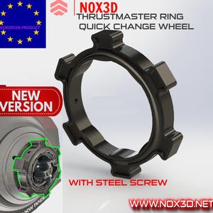 Puede incluir: Anillo de cambio rápido negro para volante de carreras Thrustmaster. El anillo tiene un diseño en forma de estrella e incluye un tornillo de acero. El texto "NOX3D" y "WWW.NOX3D.NET" son visibles en la imagen.