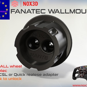 May include: Black plastic wall mount adapter for a Fanatec racing wheel. The adapter has two holes and the text "NOX3D PARTS" is printed on the side.