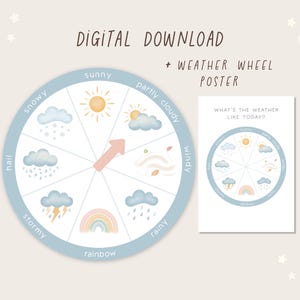 Rueda meteorológica para niños, círculo de aprendizaje de carteles meteorológicos, reloj meteorológico, símbolos meteorológicos aprenden el tiempo, descarga digital del disco meteorológico, PDF