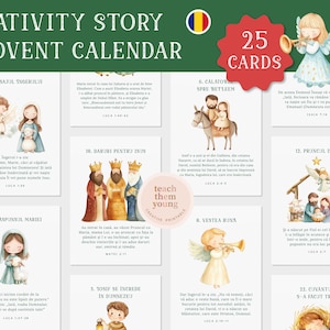 Cartes de calendrier de l'Avent imprimables de l'histoire de la Nativité roumaine pour les enfants Cartes flash chrétiennes, Histoire de Joseph et Marie | Naissance de Jésus Noël