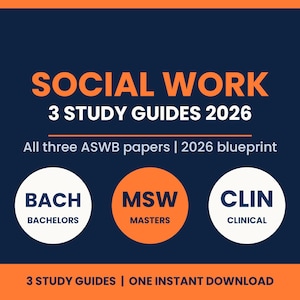 May include: A dark blue digital graphic with orange text reading SOCIAL WORK 3 STUDY GUIDES 2026, All three ASWB papers | 2026 blueprint. Three circles contain text: BACH BACHELORS, MSW MASTERS, and CLIN CLINICAL. Bottom text reads 3 STUDY GUIDES | ONE INSTANT DOWNLOAD.