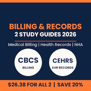 May include: A dark blue educational graphic featuring the text BILLING & RECORDS 2 STUDY GUIDES 2026, Medical Billing | Health Records | NHA. Two white circles contain the text CBCS BILLING and CEHRS EHR RECORDS against an orange border.