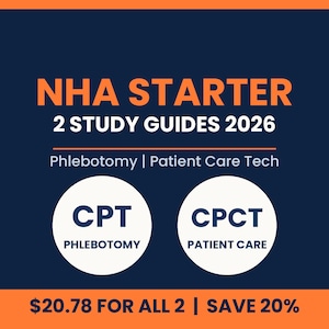 Puede incluir: Un gráfico educativo azul oscuro con el texto NHA STARTER 2 STUDY GUIDES 2026, Phlebotomy | Patient Care Tech. Dos círculos blancos muestran el texto CPT PHLEBOTOMY y CPCT PATIENT CARE. El diseño incluye acentos de color naranja arriba y abajo.