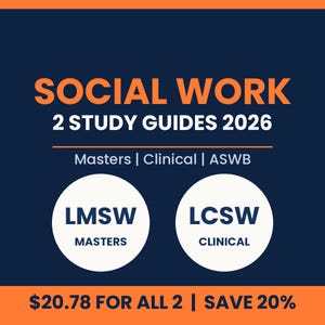 Puede incluir: Un gráfico digital azul oscuro que presenta el texto naranja SOCIAL WORK 2 STUDY GUIDES 2026. Debajo, el texto dice Masters | Clinical | ASWB. Dos círculos blancos contienen el texto LMSW MASTERS y LCSW CLINICAL respectivamente, sobre un fondo azul.