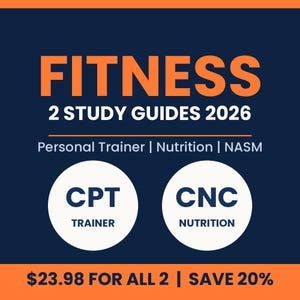 Op de afbeelding: Een donkerblauwe afbeelding met de oranje tekst FITNESS 2 STUDY GUIDES 2026. Daaronder staat in witte letters Personal Trainer | Nutrition | NASM. Twee witte cirkels bevatten de tekst CPT TRAINER en CNC NUTRITION in donkerblauwe letters.