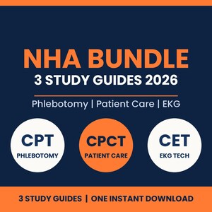 NHA-examenvoorbereidingspakket 2026, studiegidsen voor flebotomie, patiëntenzorgtechnicus en EKG-technicus, 3 gidsen, oefenvragen, printbaar en geschikt voor mensen met ADHD