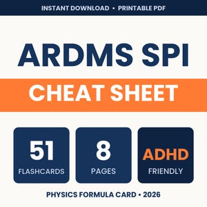 Ultrasound Physics Formula Card and Cheat Sheet, SPI Review for Sonography Students 2026, 51 Flashcards, Doppler Quick Reference