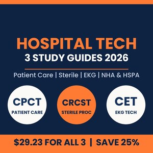 Puede incluir: Un gráfico azul oscuro con el texto HOSPITAL TECH 3 STUDY GUIDES 2026, Patient Care | Sterile | EKG | NHA & HSPA. Tres círculos muestran CPCT PATIENT CARE, CRCST STERILE PROC y CET EKG TECH. La barra naranja inferior dice $29.23 FOR ALL 3 | SAVE 25%.