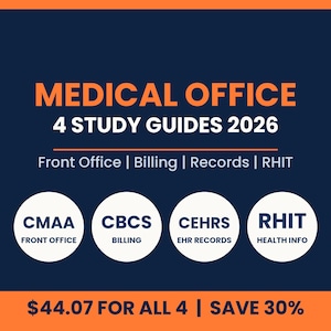 May include: A dark blue digital graphic featuring the text MEDICAL OFFICE 4 STUDY GUIDES 2026. Below are four white circles labelled CMAA FRONT OFFICE, CBCS BILLING, CEHRS EHR RECORDS, and RHIT HEALTH INFO. The bottom orange bar displays $44.07 FOR ALL 4.