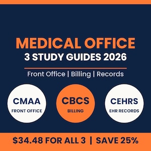 Può includere: Un grafico digitale con il testo MEDICAL OFFICE 3 STUDY GUIDES 2026, Front Office | Billing | Records. Tre cerchi mostrano CMAA FRONT OFFICE, CBCS BILLING e CEHRS EHR RECORDS. Il testo in basso riporta $34.48 FOR ALL 3 | SAVE 25%.