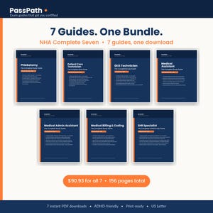 Allied Health Exam Bundle 2026, Alle 7 NHA-studiegidsen, Flebotomie, Patiëntenzorg, Medisch Assistent, Facturering en Registratie, 350 oefenvragen