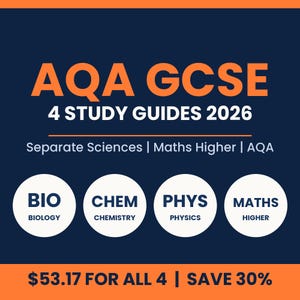 Op de afbeelding: Een donkerblauwe educatieve afbeelding met de tekst AQA GCSE 4 STUDY GUIDES 2026. Daaronder staat Separate Sciences | Maths Higher | AQA. Vier witte cirkels bevatten de labels BIO BIOLOGY, CHEM CHEMISTRY, PHYS PHYSICS en MATHS HIGHER.
