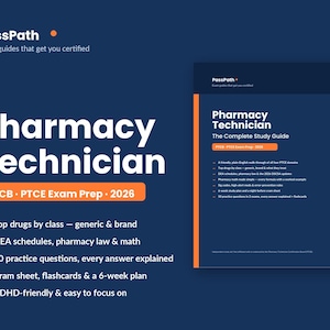 Peut inclure: Un guide d'étude bleu foncé pour la préparation à l'examen de technicien en pharmacie PTCB PTCE 2026 par PassPath. La couverture présente du texte blanc énumérant les médicaments, les lois pharmaceutiques, les maths et un plan de 6 semaines.