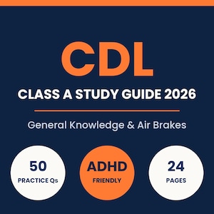 CDL-studieguide PDF, förberedelse inför allmänkunskapsexamen klass A 2026, luftbromsar, kombinationsfordon, 50 övningsfrågor + bildkort, ADHD