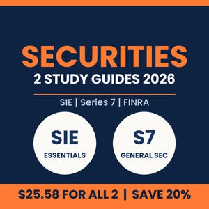 Op de afbeelding: Een donkerblauwe educatieve afbeelding met de oranje tekst SECURITIES 2 STUDY GUIDES 2026. Daaronder staat de witte tekst SIE | Series 7 | FINRA. Twee witte cirkels bevatten respectievelijk de tekst SIE ESSENTIALS en S7 GENERAL SEC.