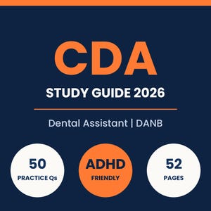 Pode incluir: Uma capa de guia de estudo azul-escura com texto laranja lendo CDA STUDY GUIDE 2026 e Dental Assistant | DANB. Abaixo há três círculos: dois círculos brancos com 50 PRACTICE Qs e 52 PAGES, e um círculo laranja central com ADHD FRIENDLY.