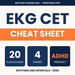 Night Before EKG Review, CET Exam Cheat Sheet 2026 with Intervals, Lead Placement and Rhythms, 20 Flashcards