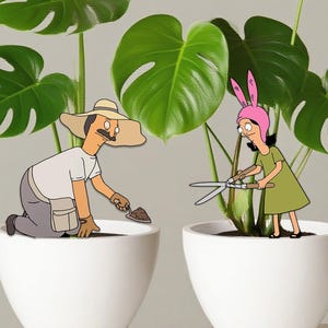 May include: Two white ceramic pots each hold a large Monstera plant with vibrant green leaves. Cartoon characters are depicted tending to the plants: one is kneeling with a trowel, the other is using shears. The image has a light background.