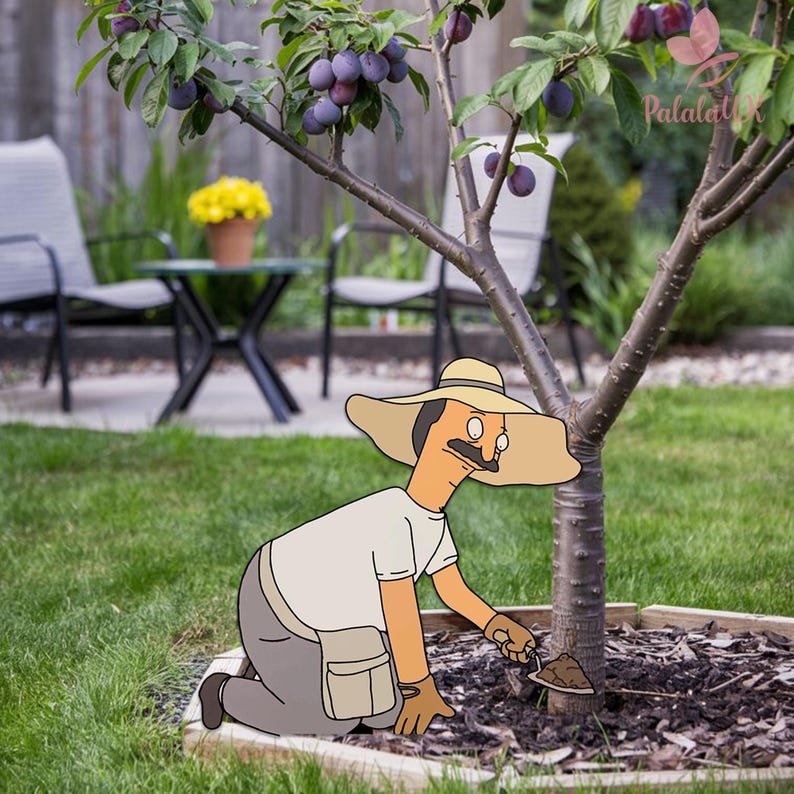 May include: A cartoon character wearing a tan hat, white shirt, and gray pants kneels near a plum tree. The character is holding a trowel, and the tree has dark purple plums. The background includes a green lawn, patio furniture, and a wooden fence.