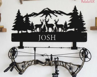 Personalized Metal  Bow Holder,  Mountain & Deer Archery Wall Hook,  Hunting Gear Storage Decor, Outdoor Sign,  Wall Mount ,Hunting Gift